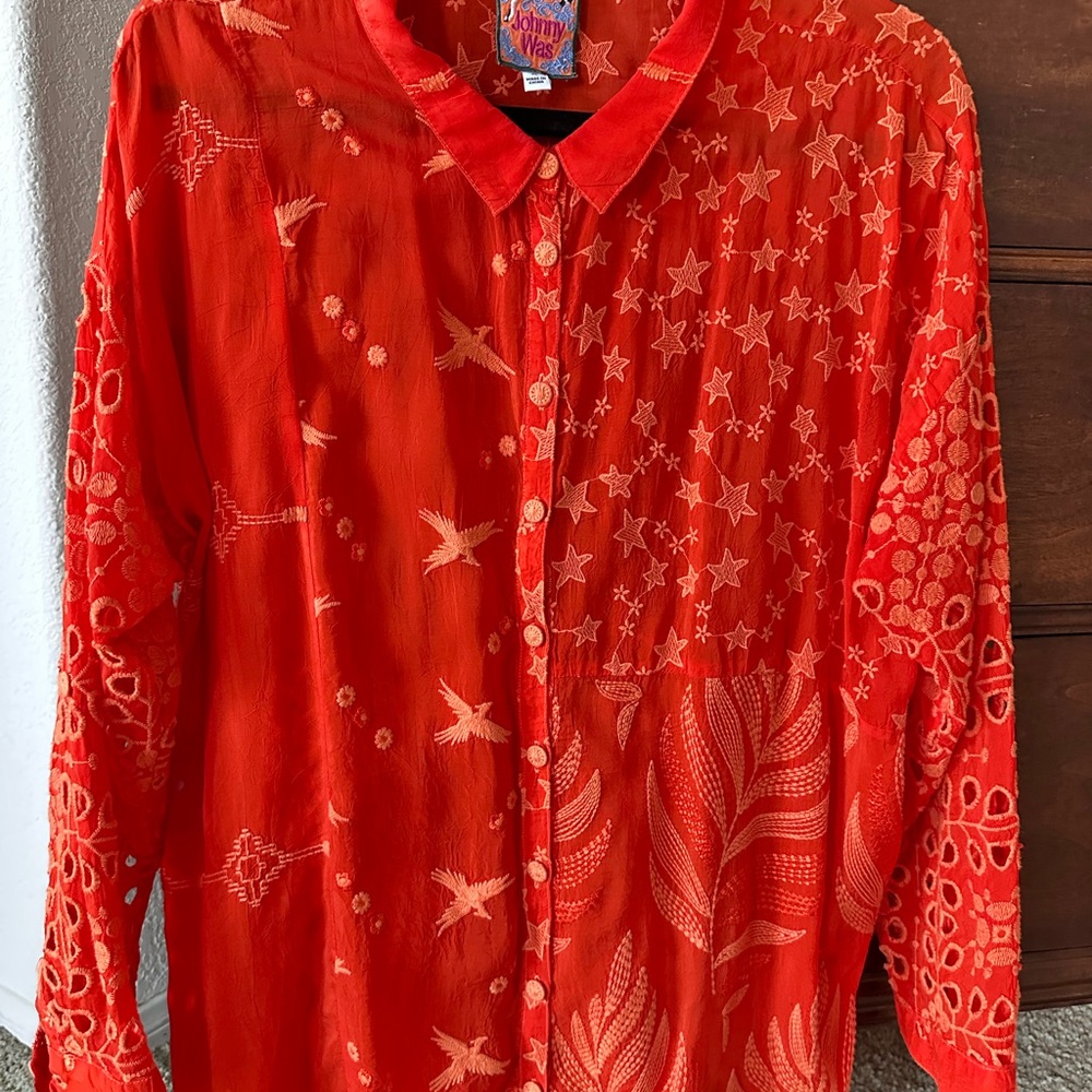 Johnny Was Red 3/4 Sleeve Button Down Blouse